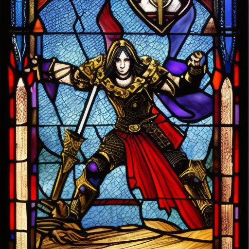 dark medieval, triumphant young evil gladiator beating good gladiator, evil, Path of Exile, Warhammer fantasy, black and red, gold and blue, stained glass, grim-dark, gritty