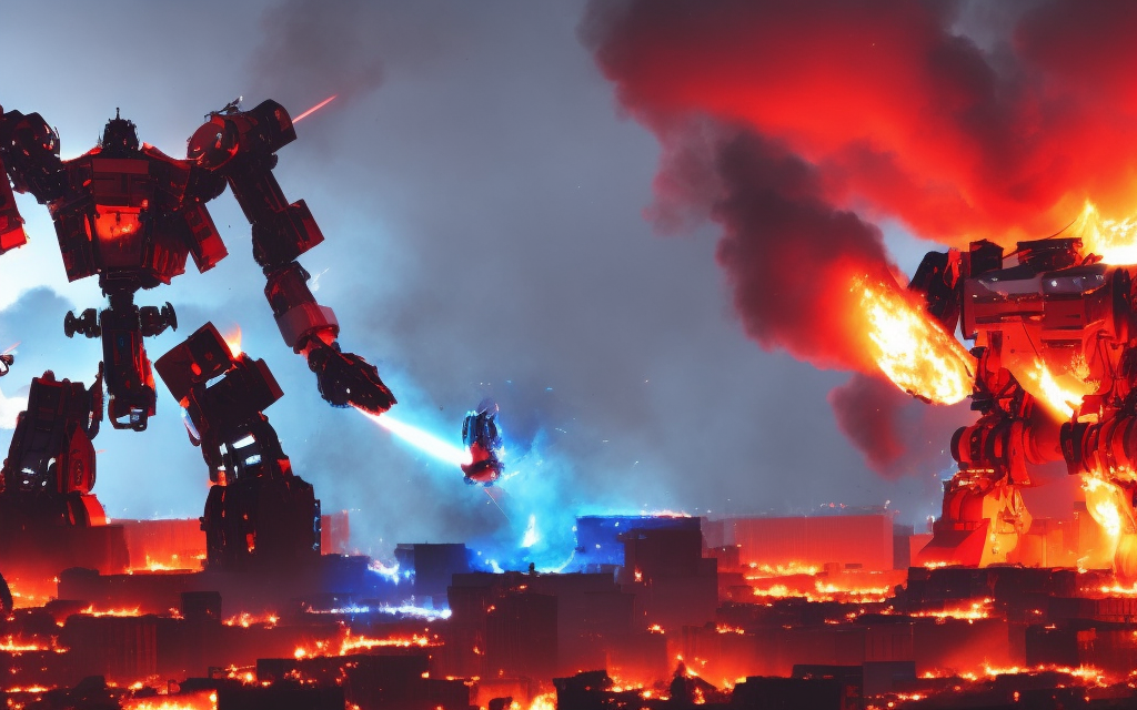 large mech with red stripes fighting with a mech with blue edges which is on fire and expoding in a city 

