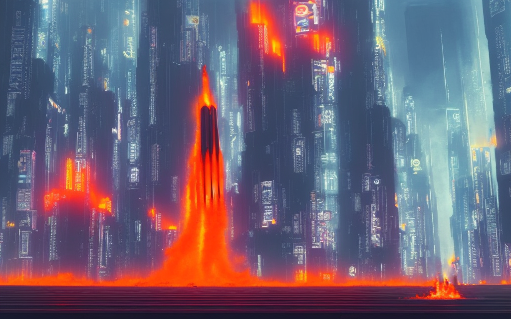 realistic large orange battle mech firing missiles in blade runner tower city on fire neon japanese billboards cloud sky


