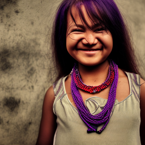 merchant, big cheeks, mischievous smile, bulging eyes, red long hair, tribal necklace, purple clothing, white shirt, late 19th century, color photo, , 50 years old ultra-realistic portrait cinematic lighting 80mm lens, 8k, photography bokeh