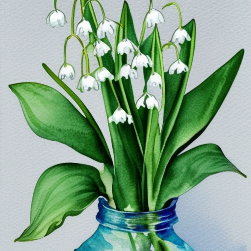 beautiful watercolor painting of a lily of the valley plant botanical with a vase