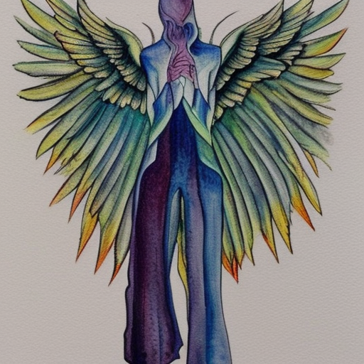 Watercolour. Sci fi style, God with wings. Walking