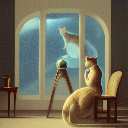 in the foreground, a helmet in a crystal ball.

In the background, a woman seer seated on a chair, looking at the crystal ball.

In the third plane, a cat sitting on a window sill is looking outside