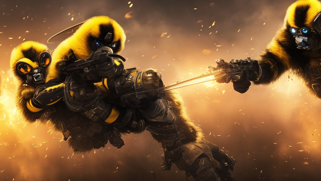 Bumblebees going to war , realistic 4k octane beautifully detailed render, 4k post-processing, highly detailed, intricate complexity, epic composition, magical atmosphere, cinematic lighting, masterpiece, ultra hd