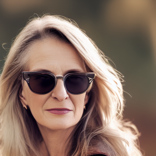 photo of a 46-year old attractive white woman wearing raybans in the style of Annie Leibovitz, realistic, professionally, professionally color graded, half body shot, sharp focus, 8k high definition, intricate, elegant, extreme bokeh, 