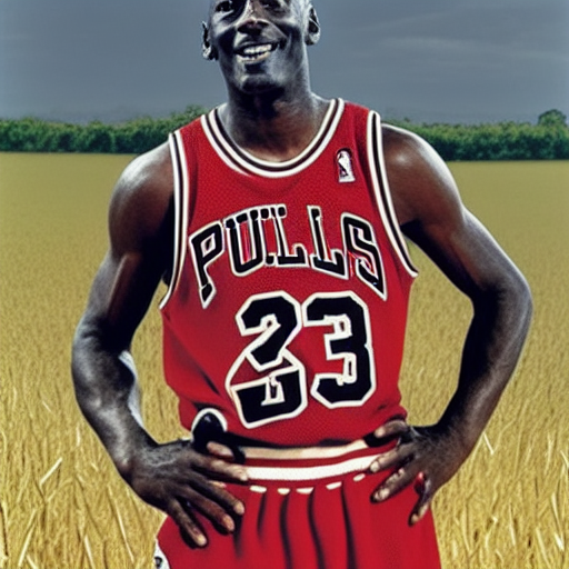 Michael jordan as a farmer from the 1600s standing in the middle of a field, realistic, closeup