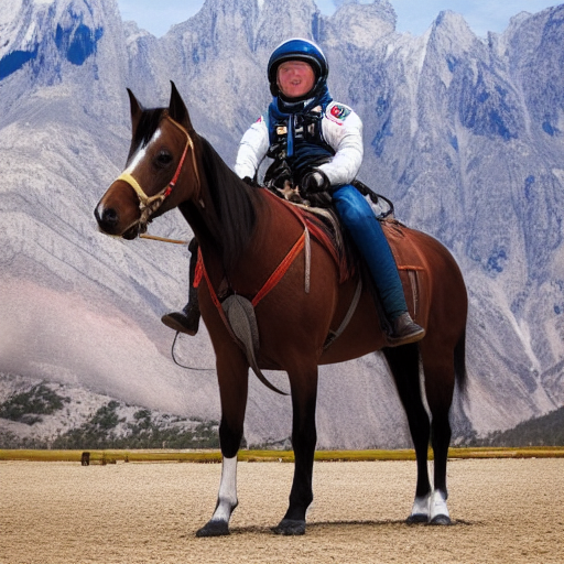 a dog sat, saddled, on horseback, an astronaut and rides him into space, mountain backdrop
