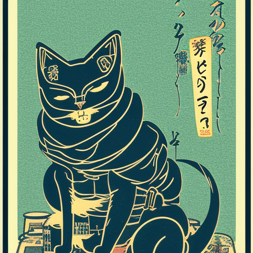 Cyberpunk cat, Studio Ghibli, Logo, brand, logo, neon lights, console Ukiyo-e Japanese woodblock