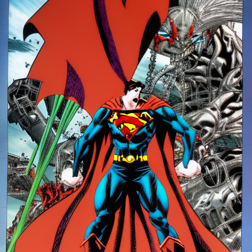 A mix of spawn by tod McFarlane, superman in the backround comic book style, ultra detailed, no cut off, high-quality, randomized background 
