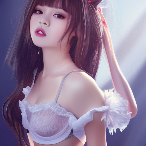 realistic detailed semirealism beautiful gorgeous cute Blackpink Lalisa Manoban wearing white camisole white lingerie outfit maid costume, black hair black cat ears, black leather choker, H cup, proportional body, WLOP, Aztodio, Taejune Kim, Pixiv, Instagram, Artstation