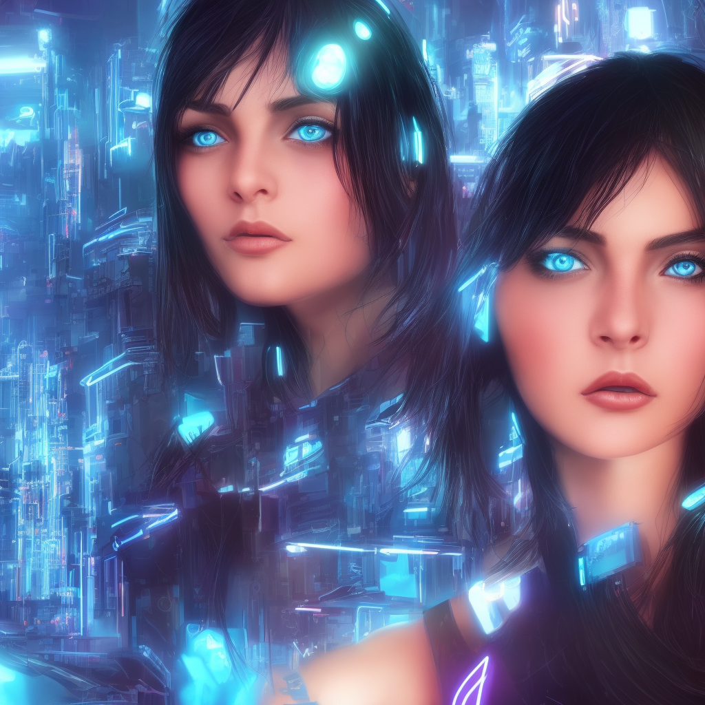 beautiful woman face with short black hair and blue eyes, neon, background with futuristic city, high quality, realistic, ureal engine, complementary colors, fantasy concept art, 8k resolution, hyperdetailed intricately detailed, colors Unreal Engine 5 detailed