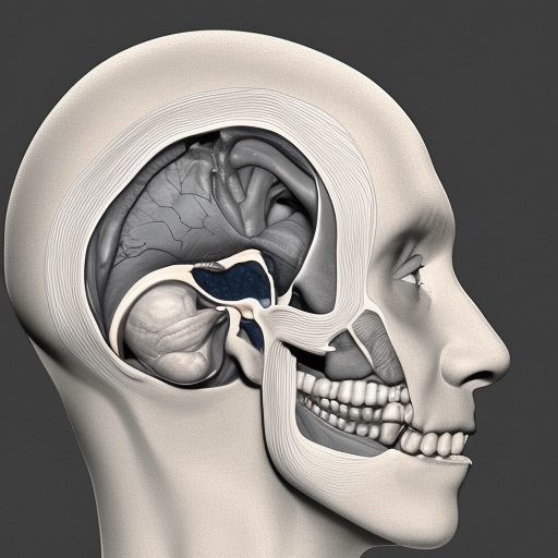 library inside anatomically accurate cross-sectional view of the human head from the side from medical book