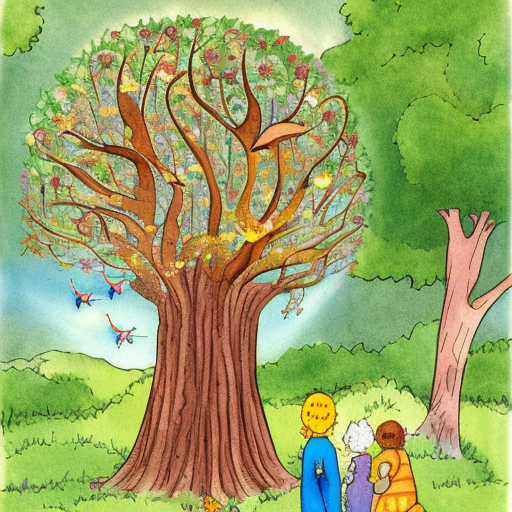 The Enchanted Tree of Wishes in the form of a children storybook illustration