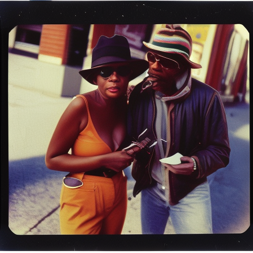 African American male resembling Hunter S. Thompson talking in street with woman, vintage color polaroid photo by Warhol