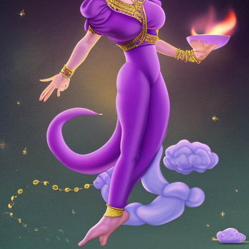 Realistic, 8k, huge and tall female genie with a purple smoke tail instead of legs returning into her itty-bitty magic teapot after granting three wishes. She also gets stuck in the spout of her magic teapot, because she's too big to fit inside. She also doesn't want to return into her magic teapot  alone so she takes you back inside her magic teapot so you can cuddle together