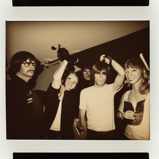 Long shot, people at a Warhol Factory party, early 70s, flash photography, polaroid