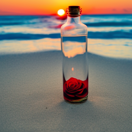 Red rose in a beautiful glasbottle on a beach, in the background blue See with great waves an a mystical Sunset with rays