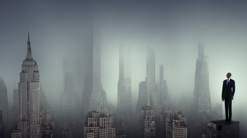 Hulk sized Obama towers over a foggy Manhattan; render by Beeple, 4K