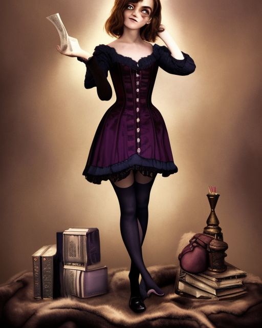 full shot portrait painting of very beautiful emma watson standing as black violet maiden in stockings corset noir streets, character design by mark ryden and pixar, ue 5, daz, hyperrealistic, octane render, cosplay, rpg portrait, dynamic lighting, intricate detail, cinematic