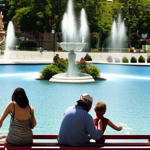 a couple sitting on a bench next to a fountain. They are smiling and talking while enjoying colorful ice cream cones in their hands. The fountain in the background presents a beautiful architecture, with jets of water that form an arc over them. The sun is shining brightly and the people around seem to be enjoying the beautiful weather, with a few children running and playing in the green grass around the fountain. The atmosphere is airy and relaxed, and the couple seem to be enjoying a romantic moment in the middle of a sunny afternoon.