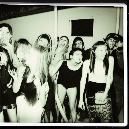 Long shot, Polaroid photo of teenagers partying in abandoned warehouse