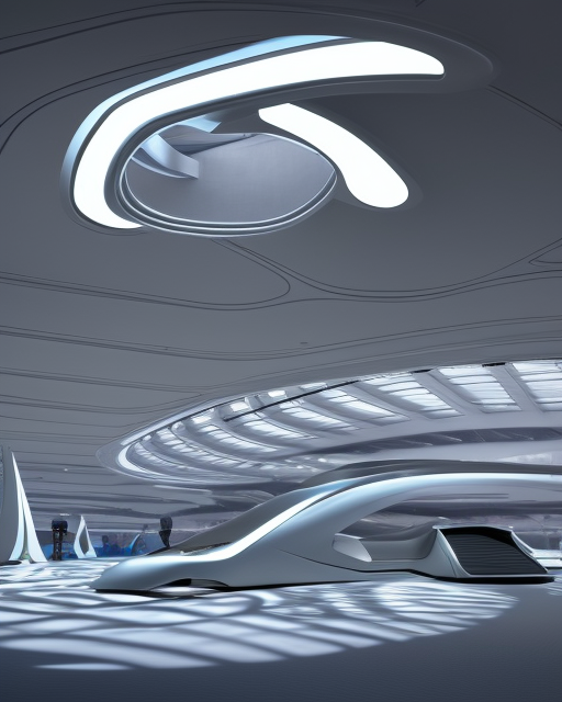 futuristic large exhibition hall designed by Zaha Hadid with prototypes of cars, led lighting, volumetric lighting, sci fi, deviant art, Trending on ArtStation, hyper realism, high detail, octane render, high contrast, vibrant , 8k