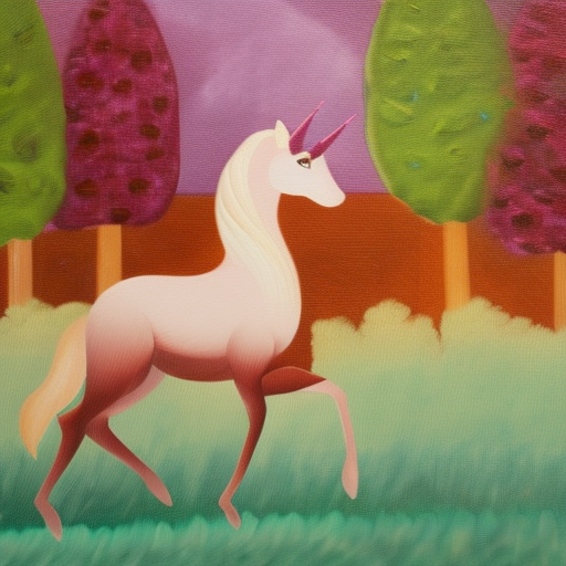  oil painting on canvas. A princess on a unicorn is riding through a forest with a fox beside.