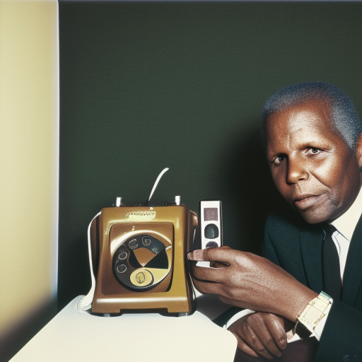 Long shot, Sidney Poitier talking on telephone in hotel room, 1965, vintage color photo, by Andy Warhol 