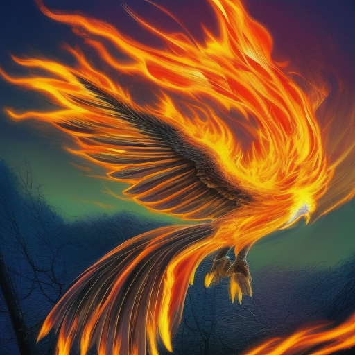 A blazing phoenix rises from the ashes of its former self, its fiery feathers shining bright against the dark sky. The bird spreads its wings wide, as if embracing the world, and sends a burst of flames into the air. In the background, a sunrise breaks through the clouds, casting a warm glow on the scene and symbolizing new beginnings. The phoenix looks determined, ready to soar to new heights and leave its past behind. 
