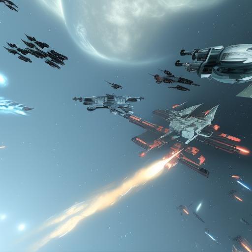 freelancer, starlancer, eve online, space simulation game, battleships, fighters, rockets, missiles, nuclear bomb, 8k, photorealistic