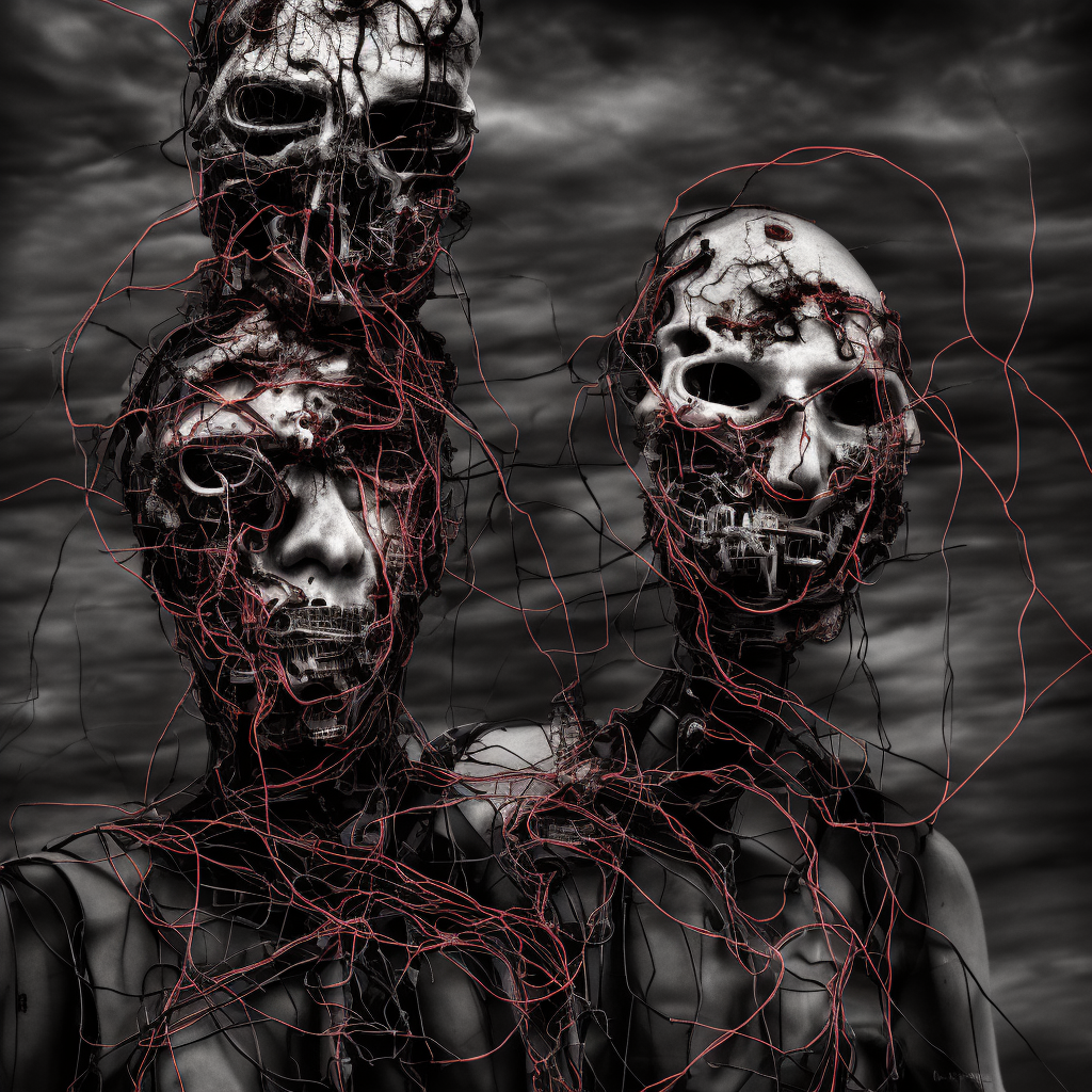 a dark cyberpunk dream of wires broken skulls skin and decay, moody, hyperrealism, 8 k photo, atmospheric
