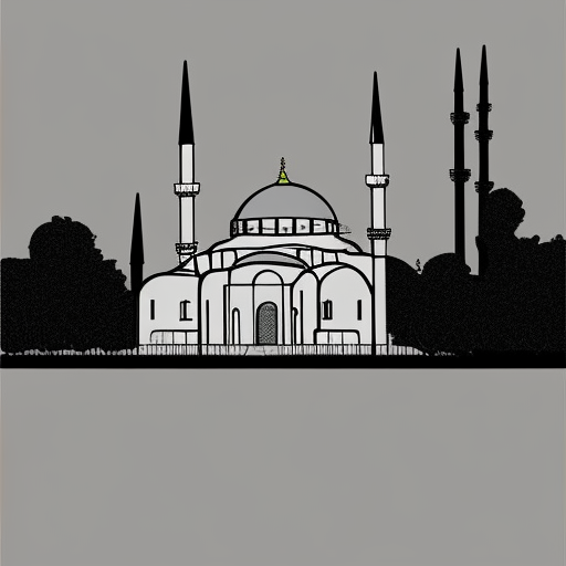 Wide frame with right perspective. few lines. minimalist. straight and uncurved. style of cartoonist Tom Gauld. With clear and sharp lines, the architecture of the Hagia Sophia Mosque is treeless and its architecture can be seen in a simple and less detailed manner, with a geometrically visible perspective from the far right. geometric, realistic little detail is in the range. In a minimalist and simple style. vector, contour, white background. allegorical. vibrant and harmonious colors.