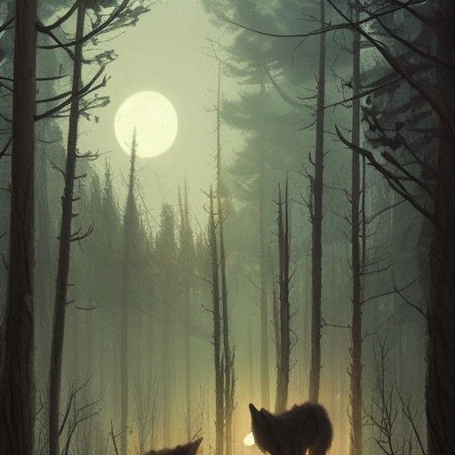 The Woods. A wolf and the moon , professional ominous concept art, by artgerm and greg rutkowski, an intricate, elegant, highly detailed digital painting, concept art, smooth, sharp focus, illustration, in the style of simon stalenhag, 