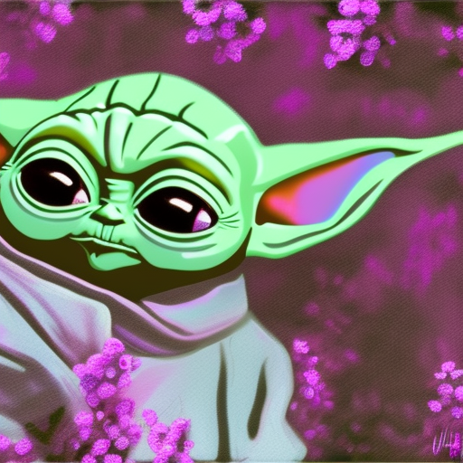 baby yoda surrounded by teal luminous flowers, in forest, at night, warm pink and purple lighting, digital art, HDR