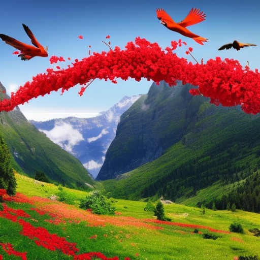 red flowers in greener mountains with birds flying