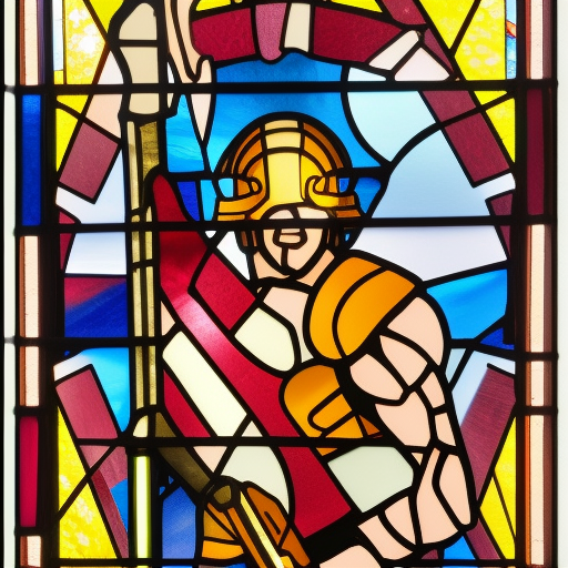 stained glass, hip hop masculine gladiator with microphone raised up in his hand 
