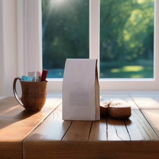 coffee bag on a oak wooden table with the back ground as a window and sunshine coming through the window hyperrealistic