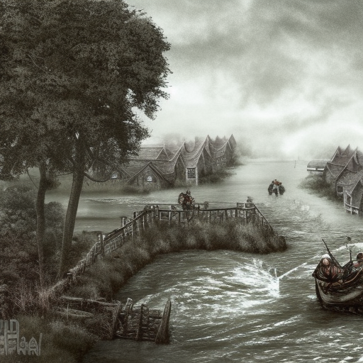 dark medieval straight wide river, rocky rapids, river lock with two sluices between island and shore, two water levels, Warhammer fantasy, house, summer, trees, fishing, nets, black adder, muddy, misty, overcast, Dark, creepy, grim-dark, gritty, hyperdetailed, realistic, illustration, high definition