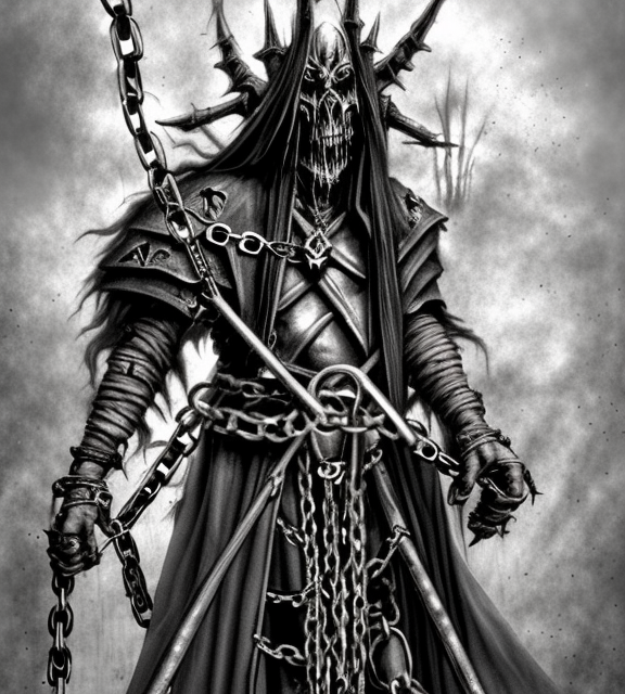 dark warlock of Belakor with chains, Warhammer fantasy, creepy, grim-dark, gritty, realistic, illustration, high definition