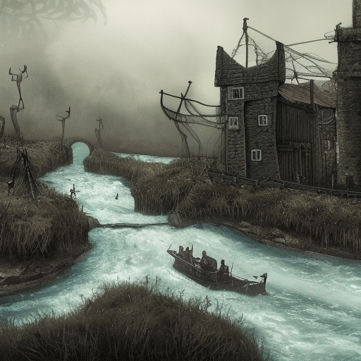 dark medieval wide river, river lock with two sluices between island and shore, two water levels, Warhammer fantasy, rocky rapids, single building, summer, trees, fishing, nets, black adder, misty, overcast, Dark, creepy, grim-dark, gritty, Yuri Hill, hyperdetailed, realistic, illustration, high definition