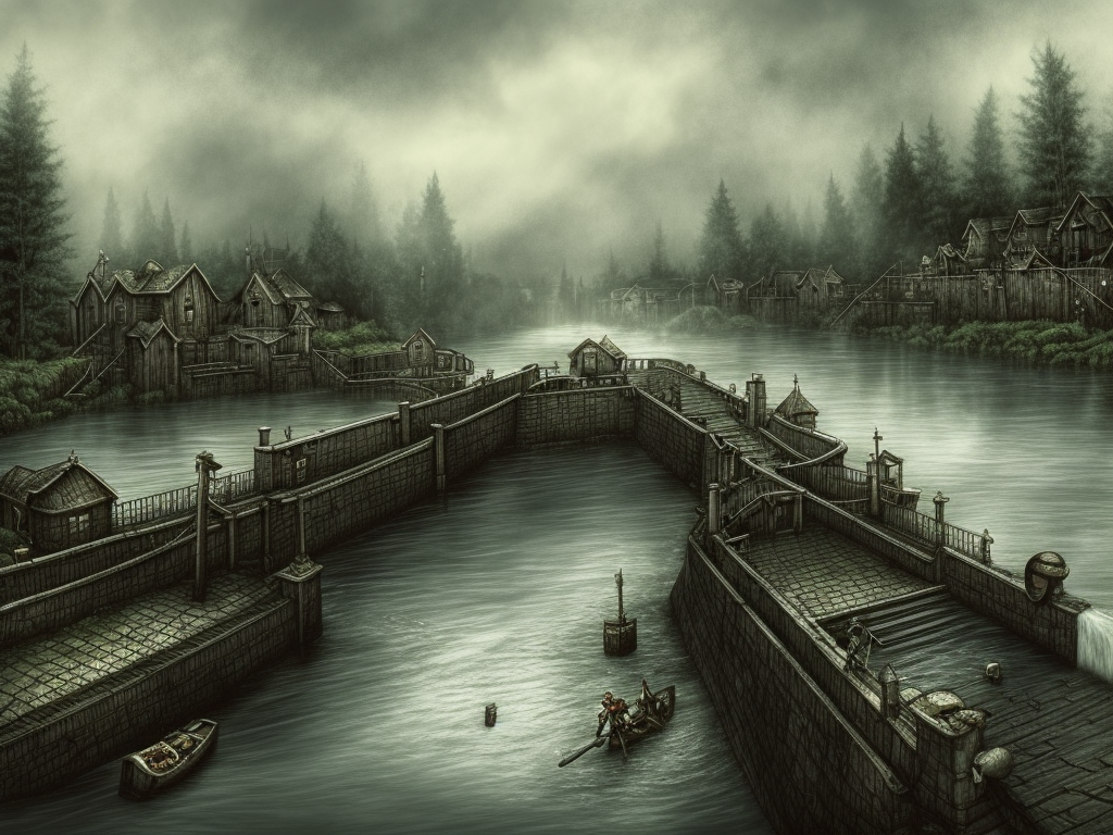 dark medieval wide rapid river, river lock with sluice, different water levels, Warhammer fantasy, one building, summer, trees, fishing, nets, misty, overcast, Dark, creepy, grim-dark, gritty, Yuri Hill, hyperdetailed, realistic, illustration, high definition