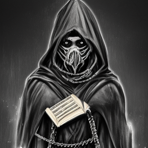 cultist of Belakor in black hood holding book, belt made from chains, soot-covered face, big black nails in flesh, black shadow magic, Warhammer fantasy, creepy, grim-dark, Yuri Hill, gritty, realistic, illustration, high definition