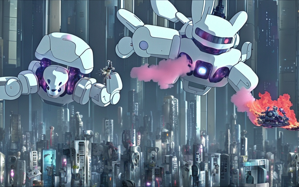 very realistic ghost in the shell flying building made of parts and rubbish on fire being attacked by fluffy robot bunnies