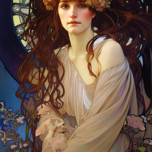 realistic detailed face portrait of young 
Violet Mcgraw by Alphonse Mucha, Ayami Kojima, Amano, Charlie Bowater, Karol Bak, Greg Hildebrandt, Jean Delville, and Mark Brooks, Art Nouveau, Neo-Gothic, gothic, rich deep moody colors