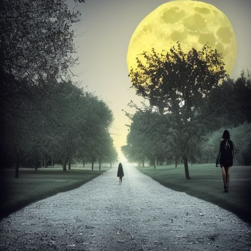 girl walking in front of big moon on horizon through graveyard path at night