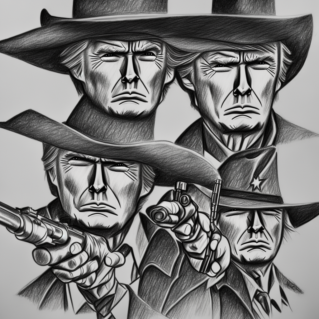 pencil sketch clint eastwood cowboy with donald trump face,  shooting single action revolver