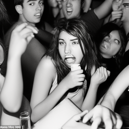 adult teenager with brown hair and black eyes drinking, at a party/nightclub with teenagers smoking and dancing around her