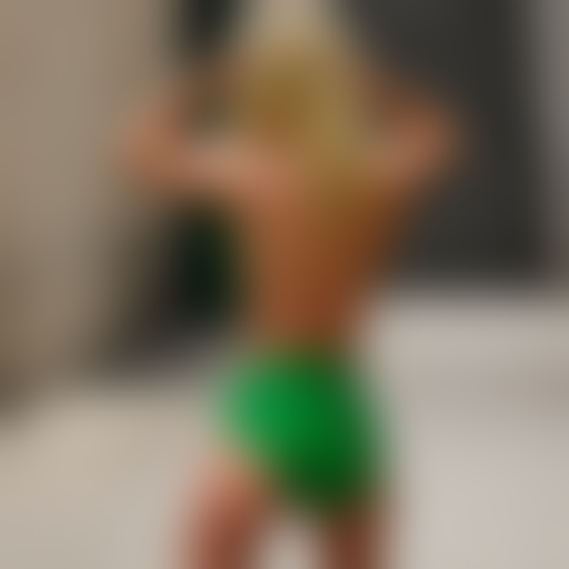 a blonde woman in green bikini seen from behind, thin back and wide hips, walking in a corridor