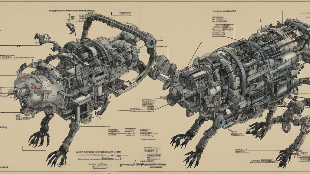 a full page of a mechanical blueprint showing a cutaway design for a mechanized six legged wolf from howl's moving castle ( 2 0 0 4 ), with a big head, muted colors, post grunge, studio ghibli, hq,