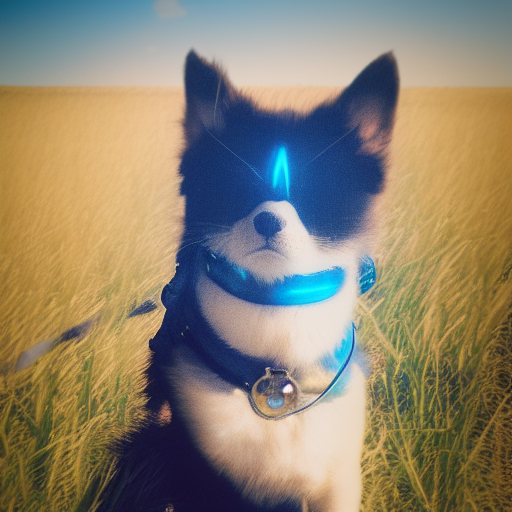 cyanotype of tracer overwatch in a field wearing spiked collar around neck,